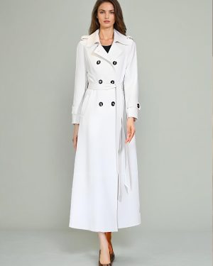 Trench Coat For Woman Quality Sash Turndown Collar Long Sleeves Full Length Coat