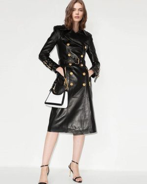 Trench Coat Notched Lapel Double Breast Belted PU Leather Outerwear
