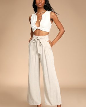 Trend Alert Beige Belted High-Waisted Wide-Leg Pants