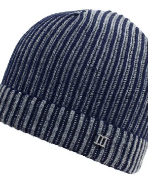 Tresanti Navy Blue & Grey Ribbed Beanie Hat with Metal Tresanti Logo