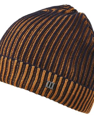 Tresanti Navy Blue & Rust Orange Ribbed Beanie Hat With Metal Tresanti Logo