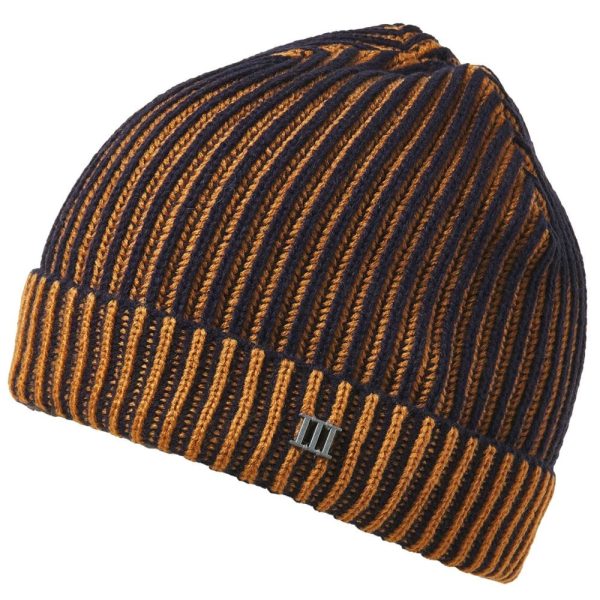 Tresanti Navy Blue & Rust Orange Ribbed Beanie Hat With Metal Tresanti Logo