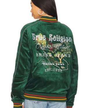 True Religion Western Velvet Bomber Jacket in Green. Size M, XL/1X, XXL/2X.