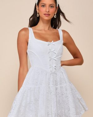 Truly Flawless White Lace Sleeveless Bow Bustier Mini Dress