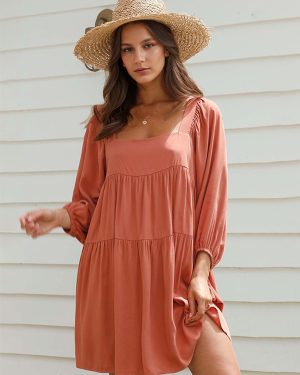 Tunic Dress Half Sleeves Backless Tiered Summer Casual Short Dresses