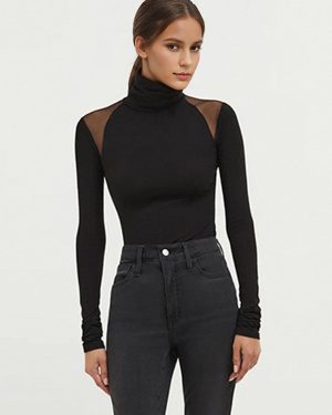 Turtleneck Bodysuit With Mesh Shoulder Long Sleeve Snap Crotch Tops For Women 2025