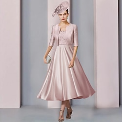 Two Piece A-Line Mother of the Bride Dress Wedding Guest Church Elegant Party Scoop Neck Tea Length Satin Lace Half Sleeve with Pleats Derby Dress Race Day Dress 2025 free custom size