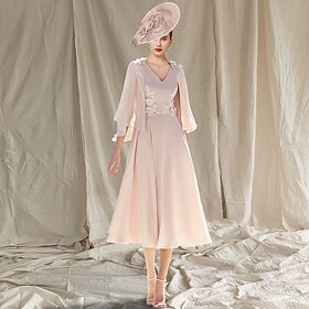 Two Piece A-Line Mother of the Bride Dress Wedding Guest Church Elegant V Neck Tea Length Chiffon Sleeveless Wrap Included with Appliques 2025 free custom size