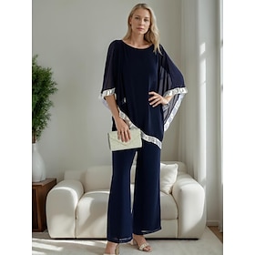 Two Piece Jumpsuit / Pantsuit Mother of the Bride Dress Elegant Simple Minimalist Crew Neck Ankle Length Chiffon Half Sleeve with Pleats Sequin 2025