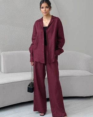 Two Piece Lounge Set For Women Long Sleeves Shirt And Wide Leg Pants Spring Casual Outfit 2025