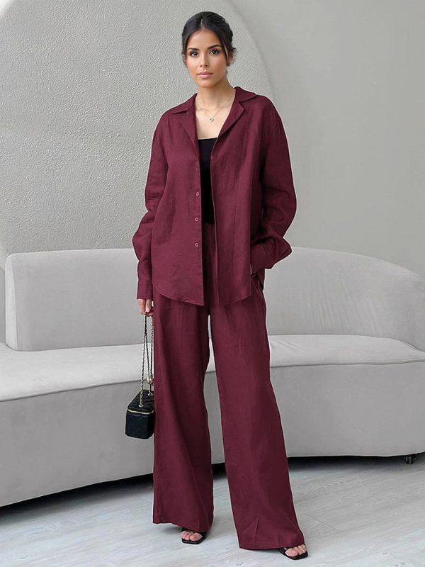 Two Piece Lounge Set For Women Long Sleeves Shirt And Wide Leg Pants Spring Casual Outfit 2025