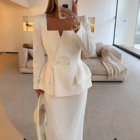 Two Piece Mermaid / Trumpet Mother of the Bride Dress Elegant Peplum Dress Set Simple Minimalist Square Neck Tea Length Crepe Stretch Fabric Long Sleeve with S