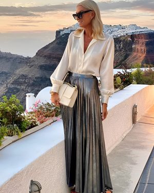 Two Piece Set Lantern Sleeve Blouse And Pleated Maxi Skirt Vacation Outfit For Women 2025