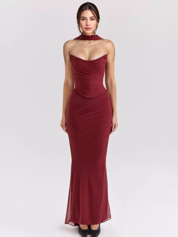 Two Piece Set With Neck Scarf Strapless Corset And Mesh Maxi Skirt Birthday Party Outfit For Women 2025
