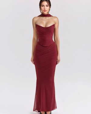 Two Piece Set With Neck Scarf Strapless Corset And Mesh Maxi Skirt Birthday Party Outfit For Women 2025