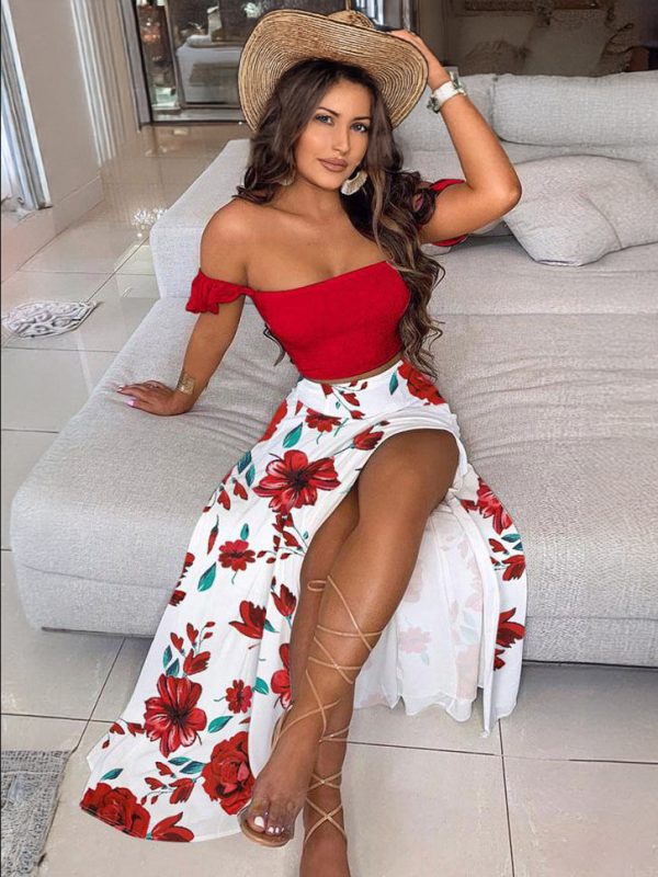 Two Piece Sets For Women Yellow Polyester Split Front Pleated Floral Print Peacock Summer Short Sleeves Off The Shoulder Backless Sexy Vest Long Skirt Outfit