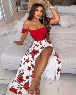 Two Piece Sets For Women Yellow Polyester Split Front Pleated Floral Print Peacock Summer Short Sleeves Off The Shoulder Backless Sexy Vest Long Skirt Outfit