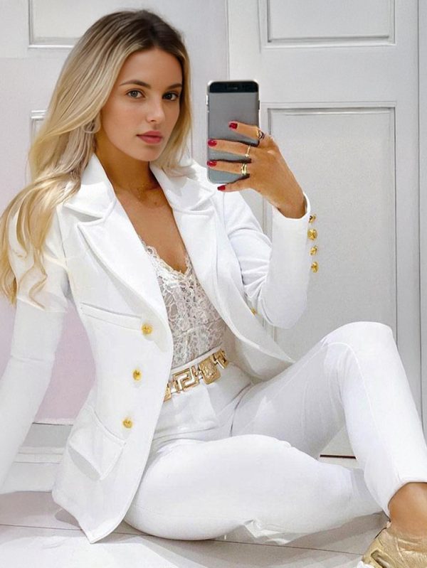 Two Piece Sets White V Neck Buttons Long Sleeves Blazer Coat Casual Pants Women Outfit