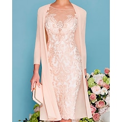 Two Piece Sheath Champagne Beach Wedding Mother of the Bride Dress Wedding Guest Elegant Jewel Neck Knee Length Chiffon Lace 3/4 Length Sleeve Wrap Included Jacket Dresses with Beading Appliques 2025