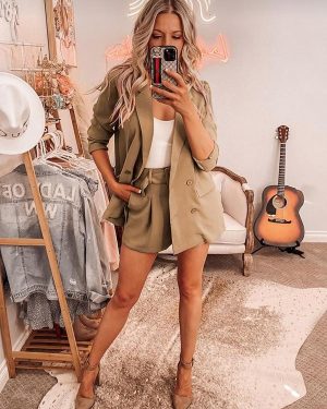 Two Piece Suit Sage Solid Color Set Classic Blazer Jacket Belt Short Pants Turndown Collar Spring Fall Outfit For Women