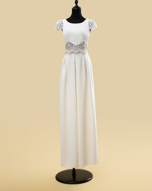 Two-piece Wedding Dress Lace Cut Out Jewel Neck Two-piece Floor-Length Zipper Short Sleeves Floor Length Ivory