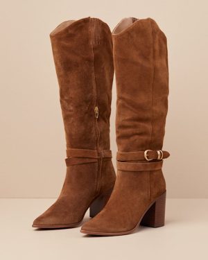Tyrone Wide Calf Brown Suede Buckle Pointed-Toe Knee-High Boots