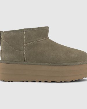 UGG Womens Ladies Green Sheepskin And Suede Classic Ultra Mini Platform Boots, Size: 8