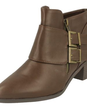 (UK 3, Brown) Ladies Spot On Buckle Detail Mid Heel Ankle Boot