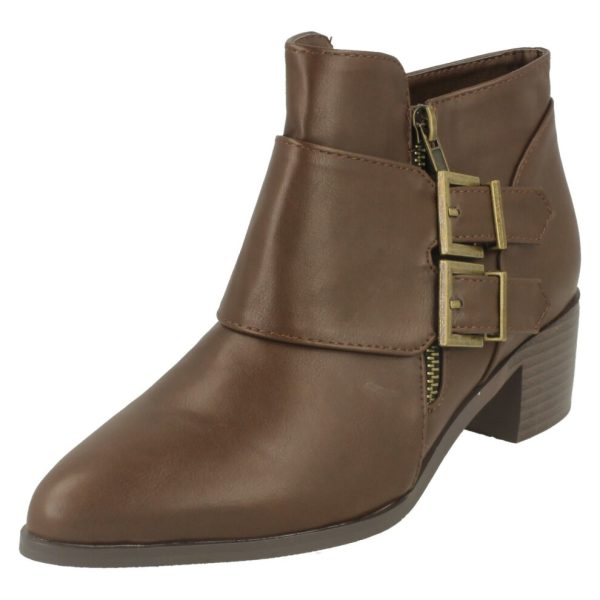 (UK 3, Brown) Ladies Spot On Buckle Detail Mid Heel Ankle Boot