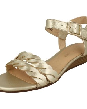 (UK 3.5, Champagne (Gold)) Ladies Clarks Wedge Heeled Sandals Mena Blossom - D Fit