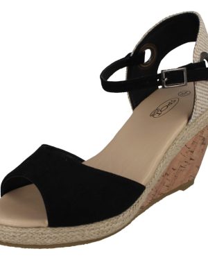(UK 4, Black) Ladies Spot On Cork Wedge Sandals F2265