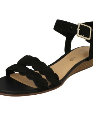 (UK 5.5, Black) Ladies Clarks Wedge Heeled Sandals Mena Blossom - D Fit