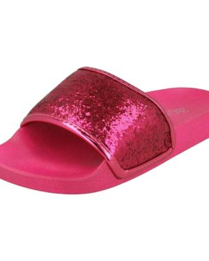 (UK 6, Fuchsia (Pink)) Ladies Spot On Flat Glitter Vamp Sliders