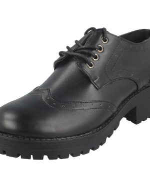 (UK 7, Black) Ladies Spot On Mid Chunky Heel Brogues