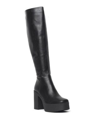 (UK5, Black) Lamoda Slick Nicks Wide Calf Knee High Platform Boots