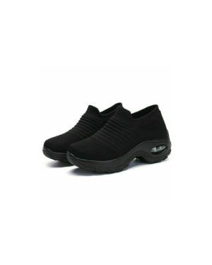 (UK7-EU41, Black) Womens Slip on Sock trainers Wedge Platform Air Cushion Breathable Walking Shoes