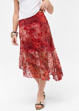 UO Asymmetric Flock Midi Skirt - Red XL at Urban Outfitters