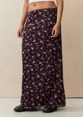 UO Floral Print Mesh Maxi Skirt - Red 2XS at Urban Outfitters