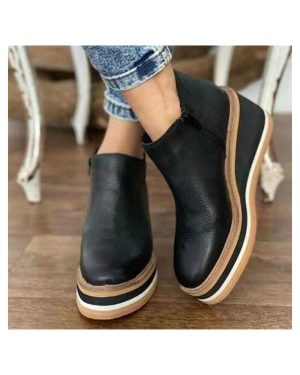 (US8 UK6 AU7.5 EUR39 24.5cm, Black) Womens Zipper Platform Wedge Heel Solid Color Leather Casual Comfort Ankle Boots