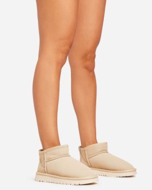 Ultra Mini Ankle Length Faux Fur Lining Boots In Beige Faux Suede, Women's Size UK 3