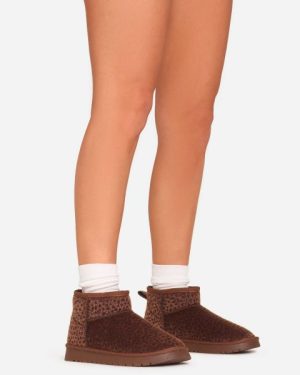 Ultra Mini Ankle Length Faux Fur Lining Boots In Brown Leopard Print Faux Fur, Women's Size UK 4