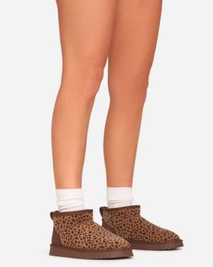 Ultra Mini Ankle Length Faux Fur Lining Boots In Brown Leopard Print Faux Suede, Women's Size UK 5