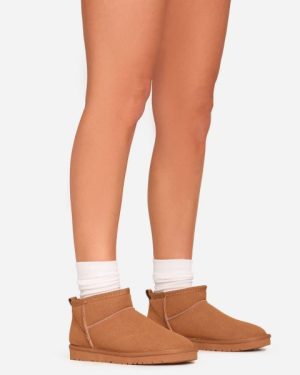 Ultra Mini Ankle Length Faux Fur Lining Boots In Chestnut Brown Faux Suede, Women's Size UK 3