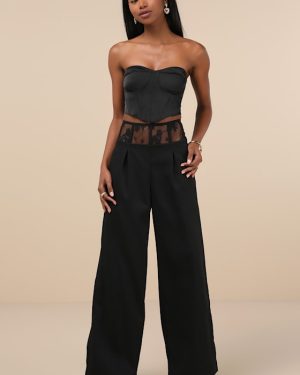 Unbelievable Allure Black Sheer Lace Wide-Leg Trouser Pants