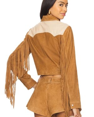 Understated Leather Combo Fringe Jacket in Brown. Size M.