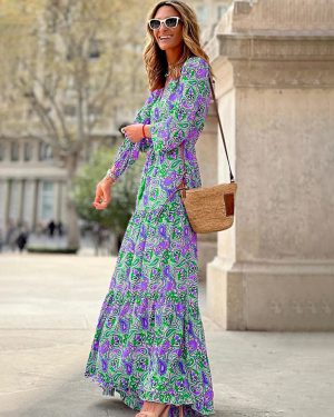 V-Neck Maxi Dress Long Sleeves Casual Printed Long Dress