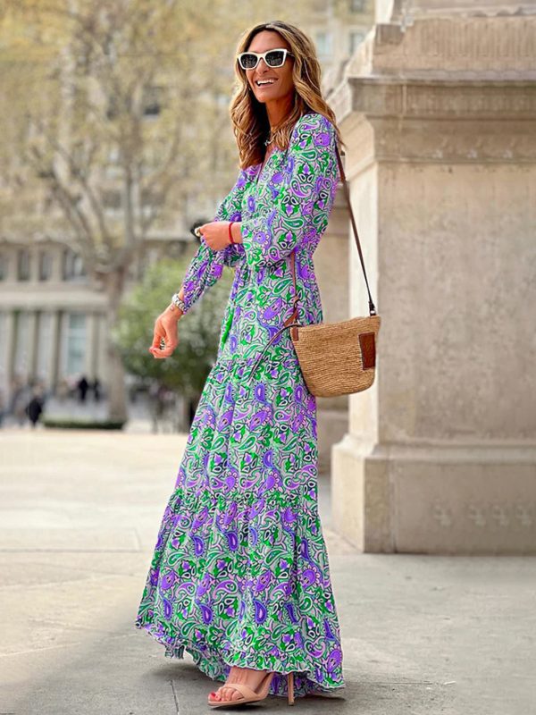V-Neck Maxi Dress Long Sleeves Casual Printed Long Dress