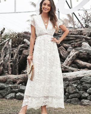 V-Neck Maxi Dress Short Sleeves Casual Floor Length Dress