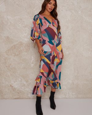 V Neck Puff Sleeve Graphic Print Maxi Dress in Multi - 8