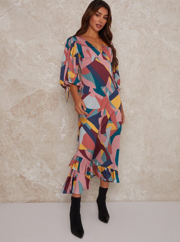 V Neck Puff Sleeve Graphic Print Maxi Dress in Multi - 8